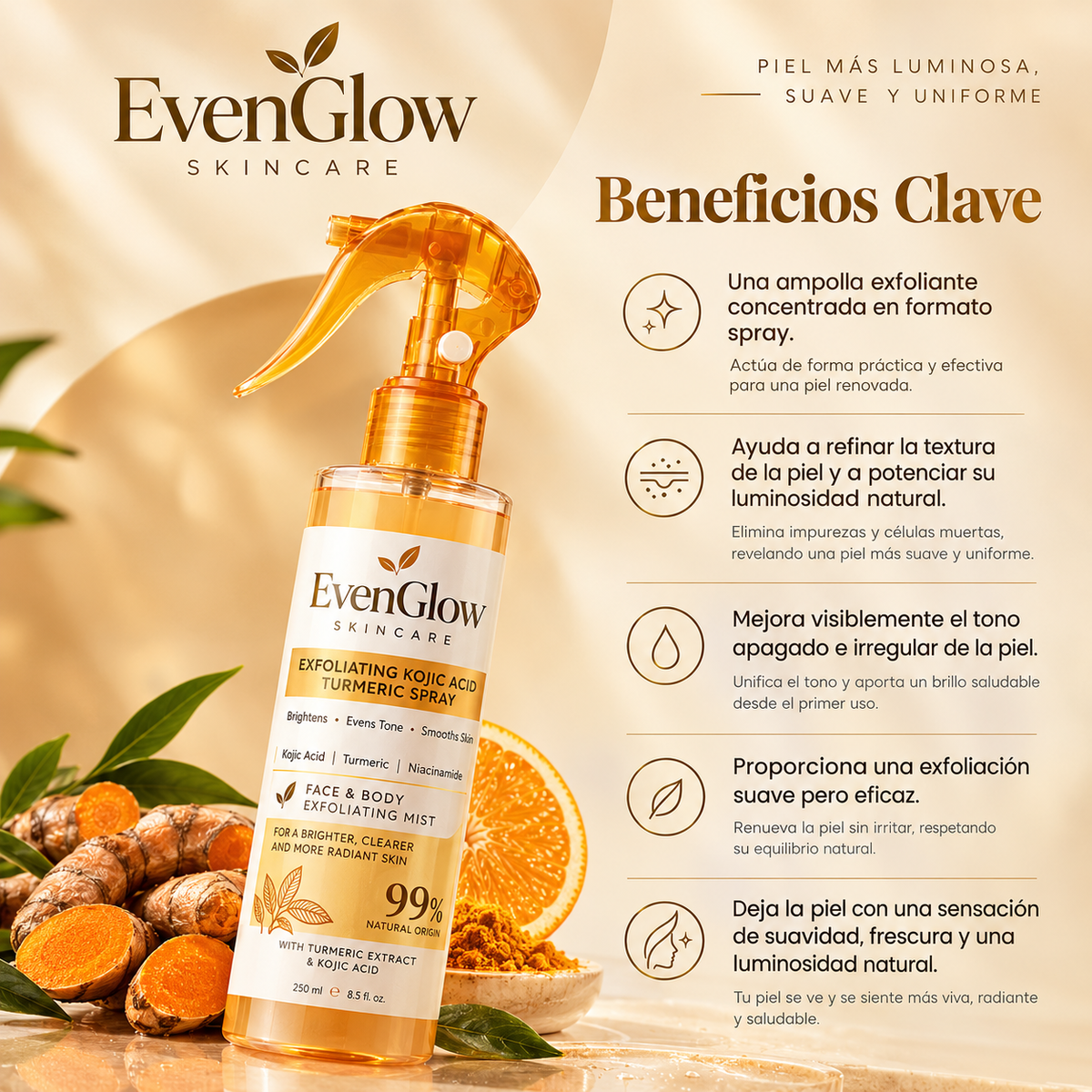 EvenGlow® I Exfoliante Corporal con Ácido Kójico y Cúrcuma revitalizante para la piel 200 ml