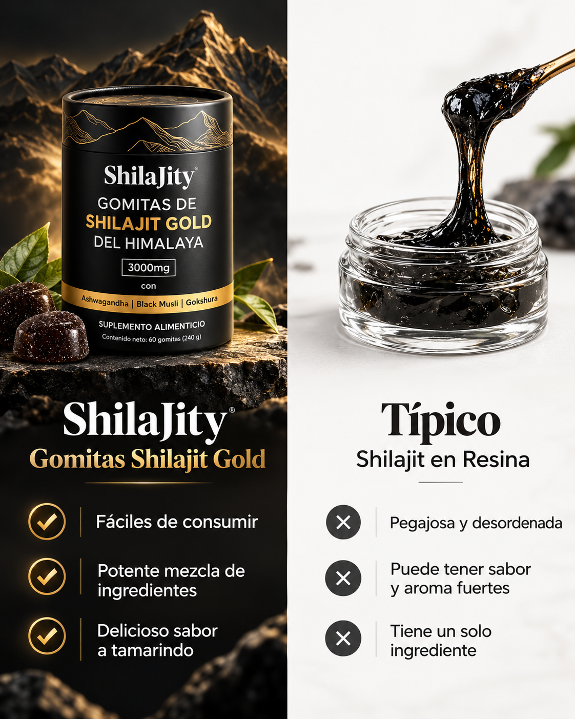 Suplemento en Gominolas de Shilajit gold del Himalaya con Ashawagandha , Gokshura y Black Musli