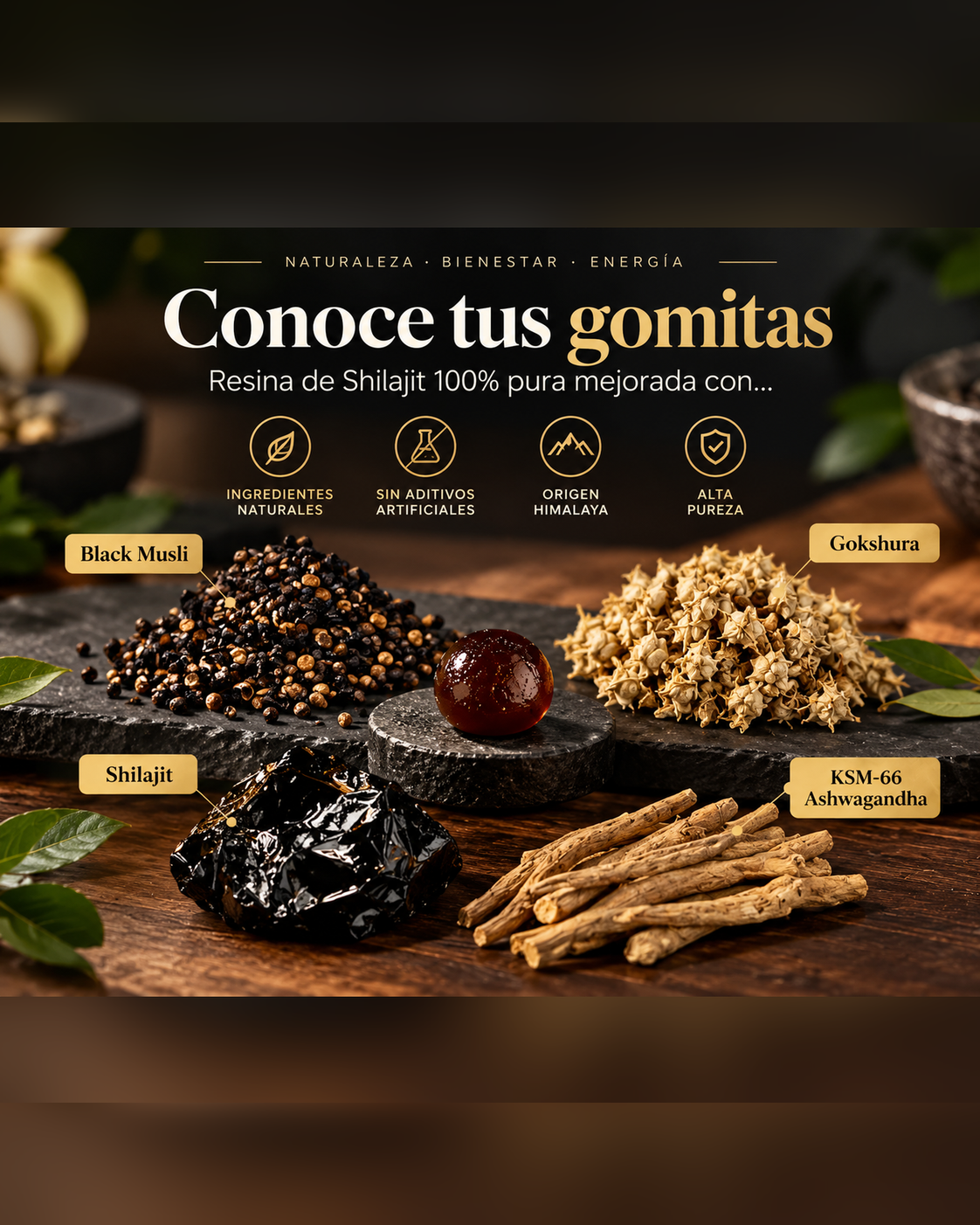 Suplemento en Gominolas de Shilajit gold del Himalaya con Ashawagandha , Gokshura y Black Musli